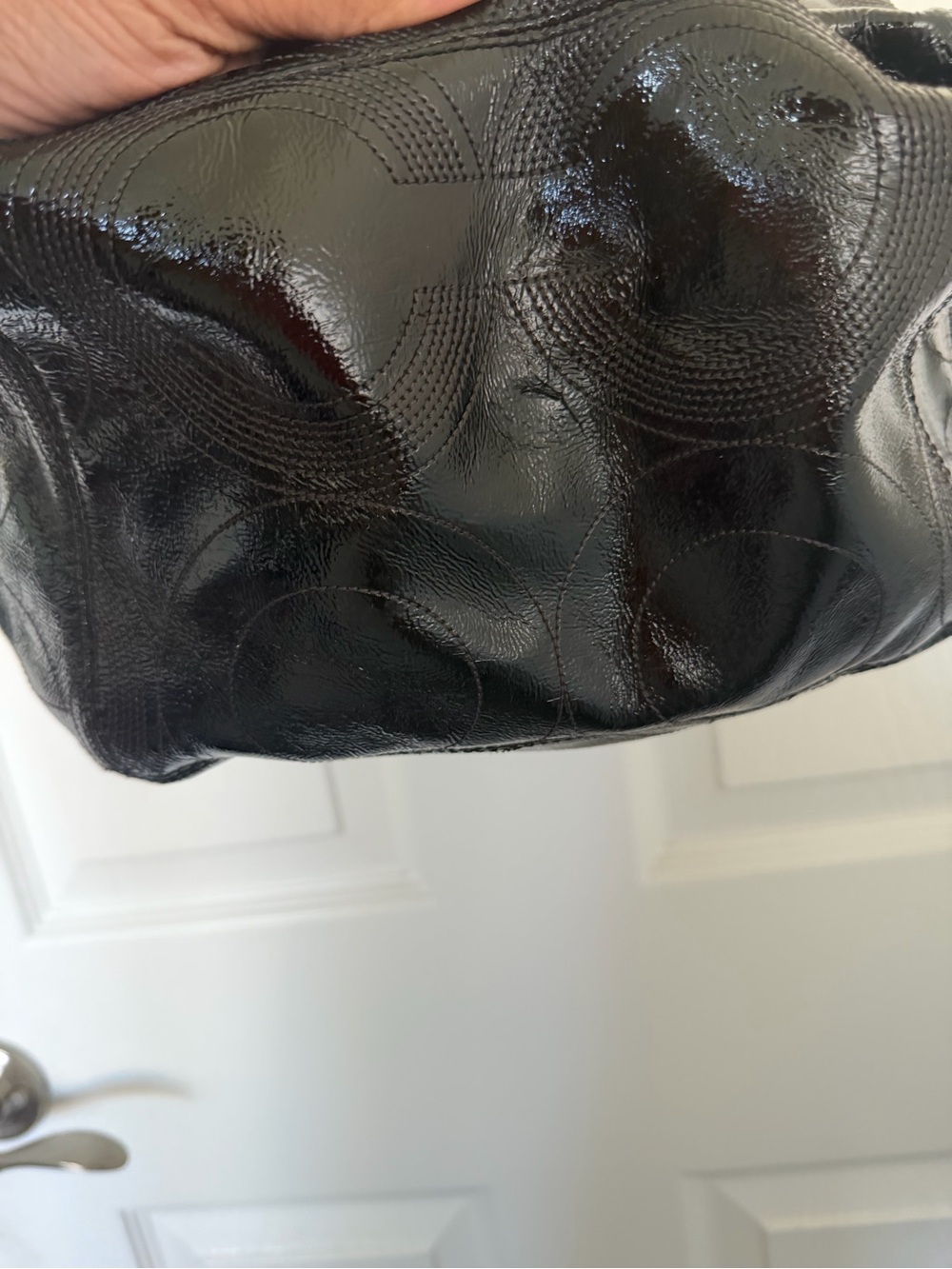 Coach Black Patent Leather Logo Tote with Front Pocket and Silver Hardware - Picture 6 of 10